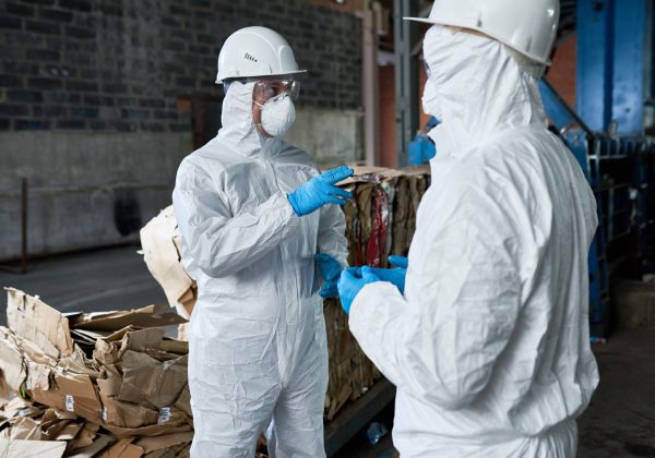 Workers in Recycling Plant Warehouse Portrait of two workers wearing biohazard suits communicating in industrial warehouse of modern waste processing plant, stacks of recyclable cardboard in background